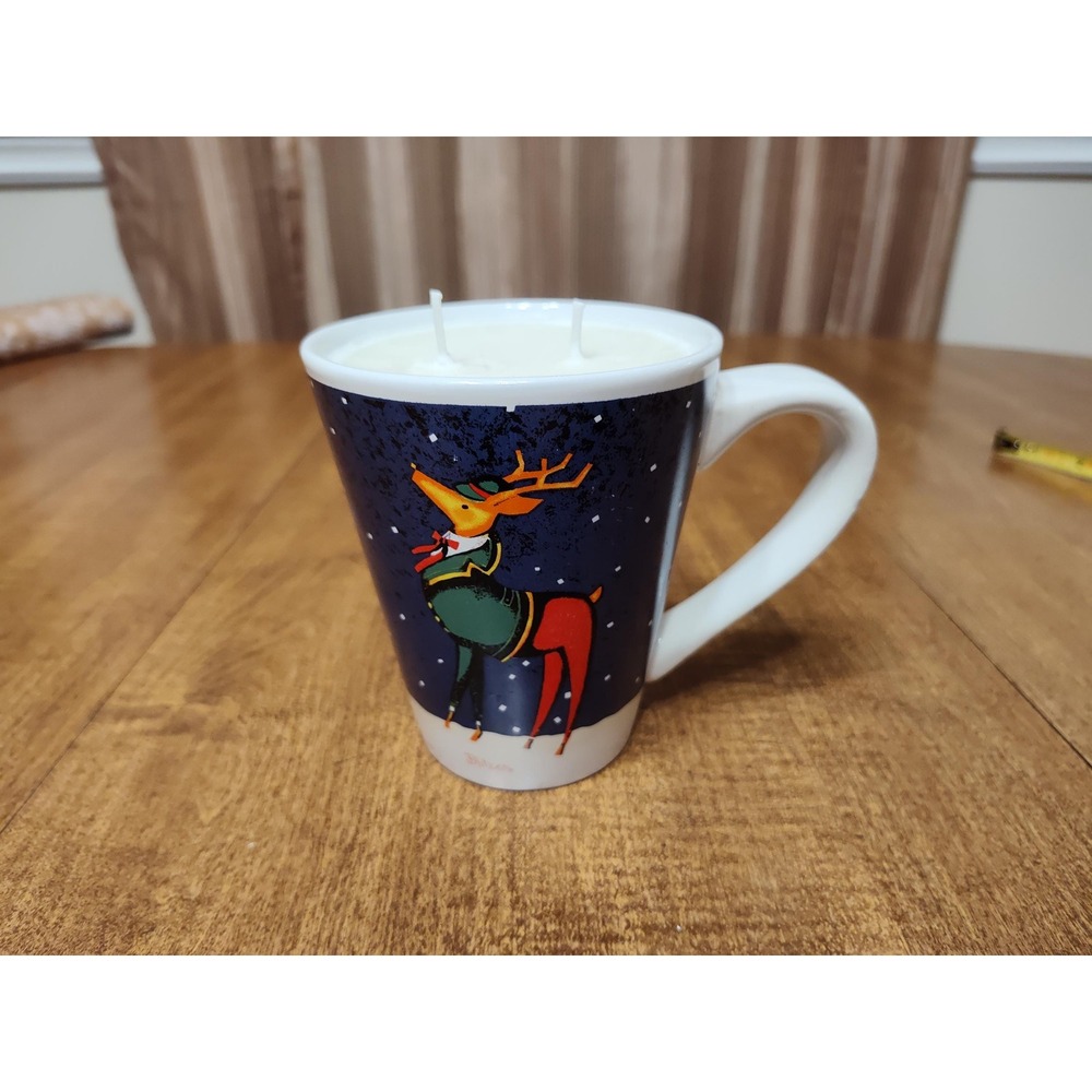 Handmade Blitzen Reindeer Ceramic Mug Candy Cane Double Wick Candle 14oz A67